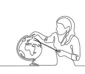 Teacher with pointer and globe. Continuous line drawing vector illustration back to school