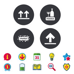 Fragile icons. Delicate package delivery signs. This side up arrows symbol. Calendar, Information and Download signs. Stars, Award and Book icons. Light bulb, Shield and Search. Vector
