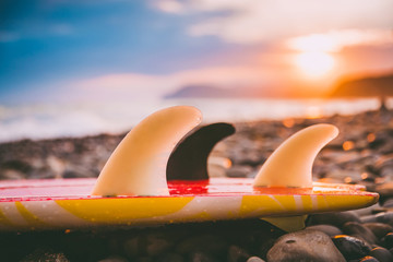 Surfboard on a beach with sunset or sunrise colors.