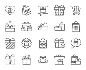 Gifts line icons. Set of Present box, Offer and Sale signs. Shopping cart, Tags and Chat symbols. Speech bubble, Give a gift and Question mark. Quality design elements. Editable stroke. Vector