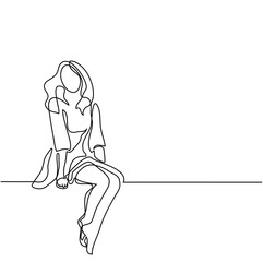 Young woman in dress sitting. Continuous line drawing. Vector illustration