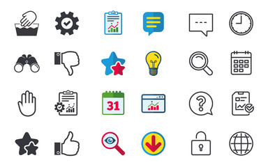 Hand icons. Like and dislike thumb up symbols. Not machine washable sign. Stop no entry. Chat, Report and Calendar signs. Stars, Statistics and Download icons. Question, Clock and Globe. Vector