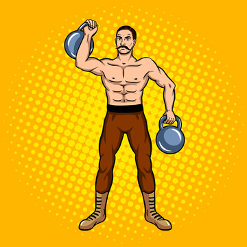 Circus strongman with dumbbell pop art vector