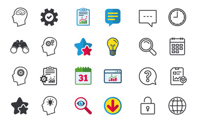 Head with brain and idea lamp bulb icons. Male human think symbols. Cogwheel gears signs. Chat, Report and Calendar signs. Stars, Statistics and Download icons. Question, Clock and Globe. Vector
