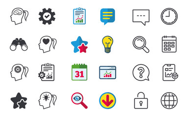 Head with brain and idea lamp bulb icons. Female woman think symbols. Cogwheel gears signs. Love heart. Chat, Report and Calendar signs. Stars, Statistics and Download icons. Question, Clock and Globe