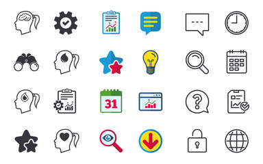 Head with brain icon. Female woman think symbols. Blood drop donation signs. Love heart. Chat, Report and Calendar signs. Stars, Statistics and Download icons. Question, Clock and Globe. Vector