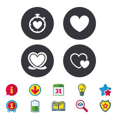 Heart ribbon icon. Timer stopwatch symbol. Love and Heartbeat palpitation signs. Calendar, Information and Download signs. Stars, Award and Book icons. Light bulb, Shield and Search. Vector