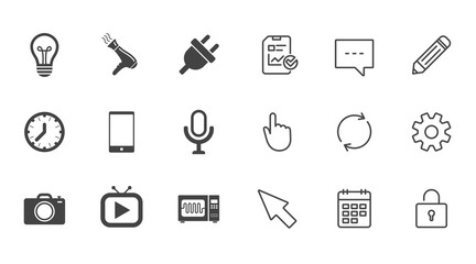 Home appliances, device icons. Electronics signs. Lamp, electrical plug and photo camera symbols. Chat, Report and Calendar line signs. Service, Pencil and Locker icons. Click, Rotation and Cursor