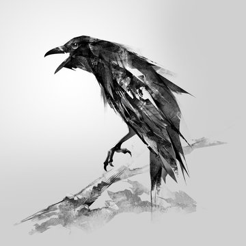 the painted bird is a raven sitting on a branch