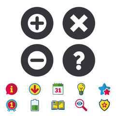 Plus and minus icons. Delete and question FAQ mark signs. Enlarge zoom symbol. Calendar, Information and Download signs. Stars, Award and Book icons. Light bulb, Shield and Search. Vector