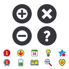 Obraz premium Plus and minus icons. Delete and question FAQ mark signs. Enlarge zoom symbol. Calendar, Information and Download signs. Stars, Award and Book icons. Light bulb, Shield and Search. Vector