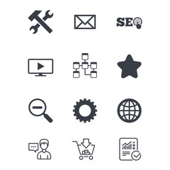 Internet, seo icons. Repair, database and star signs. Mail, settings and monitoring symbols. Customer service, Shopping cart and Report line signs. Online shopping and Statistics. Vector