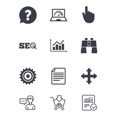 Internet, seo icons. Analysis chart, page and computer signs. Question speech bubble symbol. Customer service, Shopping cart and Report line signs. Online shopping and Statistics. Vector