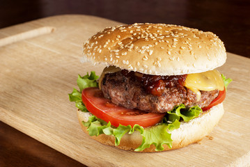 hamburger on a cutting board