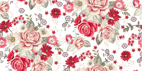 Modèle sans couture avec des roses pâles et des fleurs rouges sur fond blanc