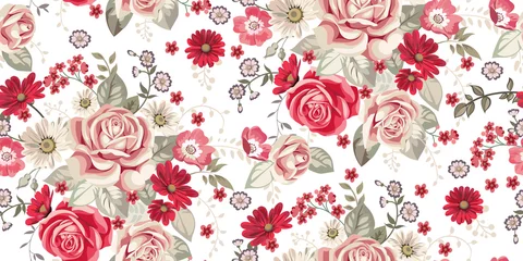 Crédence de cuisine en verre imprimé Roses Modèle sans couture avec des roses pâles et des fleurs rouges sur fond blanc