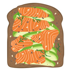Avocado salmon toast. Delicious sandwich made of fresh spelt toasted bread with slices of avocado and smoked lox. Sesame seeds, seasoning and dill. Healthy breakfast. Hand drawn vector illustration. 