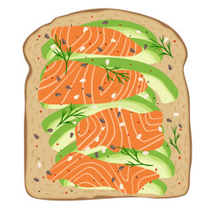 Avocado salmon toast. Delicious sandwich made of fresh spelt toasted bread with slices of avocado and smoked lox. Sesame seeds, seasoning and dill. Healthy breakfast. Hand drawn vector illustration. 