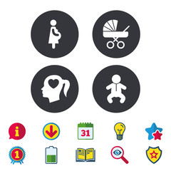 Maternity icons. Baby infant, pregnancy and buggy signs. Baby carriage pram stroller symbols. Head with heart. Calendar, Information and Download signs. Stars, Award and Book icons. Vector