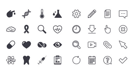 Set of Healthcare, Medicine and Diagnosis icons. Tooth, Pills and Syringe signs. Brain, Blood test and Thermometer symbols. Calendar, Document and Download line signs. Pencil, Service and Search icons