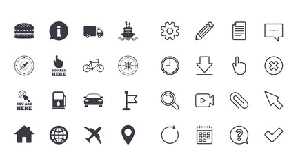 Set of Navigation and Gps icons. Windrose, Compass and Burger signs. Bicycle, Ship and Car symbols. Location pointer and flag. Calendar, Document and Download line signs. Vector