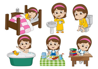 Set of daily cute girl,wake up,brushing teeth,kid pee,taking a bath,breakfast,kid writhing.