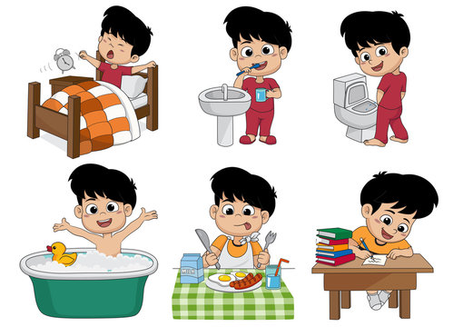Set of daily cute boy,boy wake up,brushing teeth,kid pee,taking a bath,breakfast,kid writhing.