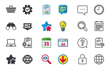 Online shopping icons. Notebook pc, shopping cart, buy now arrow and internet signs. WWW globe symbol. Chat, Report and Calendar signs. Stars, Statistics and Download icons. Question, Clock and Globe