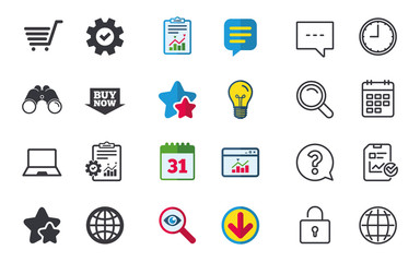 Online shopping icons. Notebook pc, shopping cart, buy now arrow and internet signs. WWW globe symbol. Chat, Report and Calendar signs. Stars, Statistics and Download icons. Question, Clock and Globe