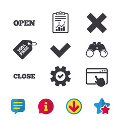 Open and Close icons. Check or Tick. Delete remove signs. Yes correct and cancel symbol. Browser window, Report and Service signs. Binoculars, Information and Download icons. Stars and Chat. Vector