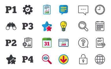 Car parking icons. First, second, third and four floor signs. P1, P2, P3 and P4 symbols. Chat, Report and Calendar signs. Stars, Statistics and Download icons. Question, Clock and Globe. Vector