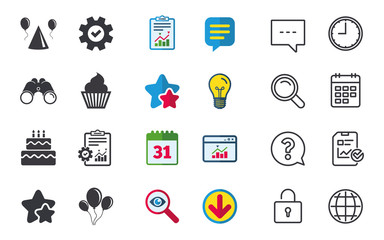 Birthday party icons. Cake, balloon, hat and muffin signs. Celebration symbol. Cupcake sweet food. Chat, Report and Calendar signs. Stars, Statistics and Download icons. Question, Clock and Globe