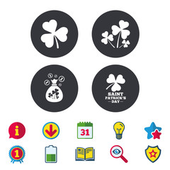 Saint Patrick day icons. Money bag with clover and coins sign. Trefoil shamrock clover. Symbol of good luck. Calendar, Information and Download signs. Stars, Award and Book icons. Vector