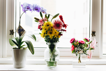 Flower arrangements on white window sill