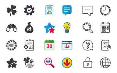 Saint Patrick day icons. Money bag with clover sign. Wreath of trefoil shamrock clovers. Symbol of good luck. Chat, Report and Calendar signs. Stars, Statistics and Download icons. Vector