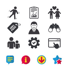 Businessman person icon. Group of people symbol. Man love Woman or Lovers sign. Caution slippery. Browser window, Report and Service signs. Binoculars, Information and Download icons. Stars and Chat