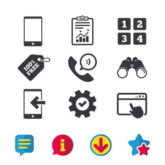 Phone icons. Smartphone incoming call sign. Call center support symbol. Cellphone keyboard symbol. Browser window, Report and Service signs. Binoculars, Information and Download icons. Stars and Chat