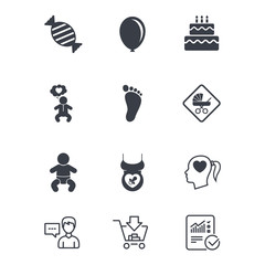Pregnancy, maternity and baby care icons. Candy, strollers and pacifier signs. Footprint, birthday cake and heart symbols. Customer service, Shopping cart and Report line signs. Vector