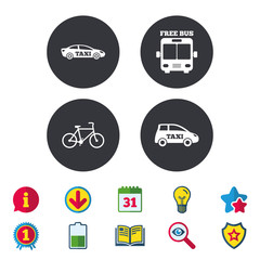 Public transport icons. Free bus, bicycle and taxi signs. Car transport symbol. Calendar, Information and Download signs. Stars, Award and Book icons. Light bulb, Shield and Search. Vector