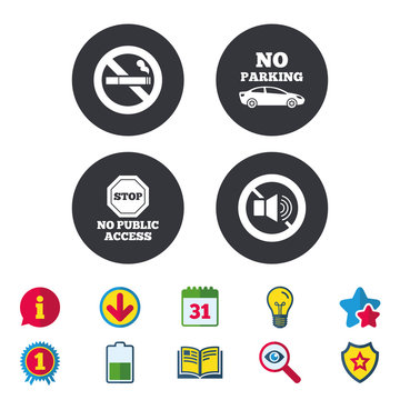 Stop smoking and no sound signs. Private territory parking or public access. Cigarette symbol. Speaker volume. Calendar, Information and Download signs. Stars, Award and Book icons. Vector
