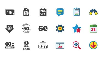 Sale discounts icon. Shopping cart, buying and cash money signs. 40, 50 and 60 percent off. Special offer symbols. Calendar, Report and Download signs. Stars, Service and Search icons. Vector