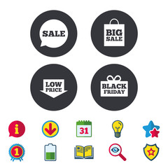Sale speech bubble icon. Black friday gift box symbol. Big sale shopping bag. Low price arrow sign. Calendar, Information and Download signs. Stars, Award and Book icons. Light bulb, Shield and Search