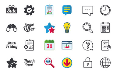 Sale icons. Special offer and thank you symbols. Gift box sign. Chat, Report and Calendar signs. Stars, Statistics and Download icons. Question, Clock and Globe. Vector