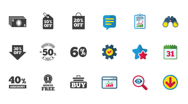 Sale discounts icon. Shopping cart, buying and cash money signs. 40, 50 and 60 percent off. Special offer symbols. Calendar, Report and Download signs. Stars, Service and Search icons. Vector