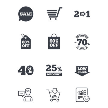 Sale discounts icon. Shopping cart, coupon and low price signs. 25, 40 and 60 percent off. Special offer symbols. Customer service, Shopping cart and Report line signs. Online shopping and Statistics