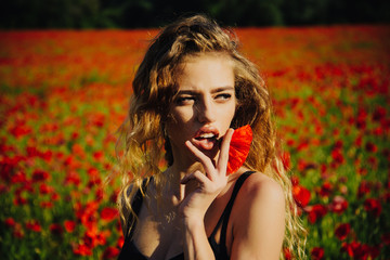 pretty woman or girl in field of poppy seed