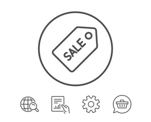 Shopping tag line icon. Sale Special offer sign. Coupon symbol. Hold Report, Service and Global search line signs. Shopping cart icon. Editable stroke. Vector