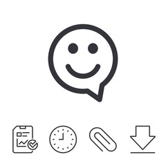 Happy face chat speech bubble symbol. Smile icon. Report, Time and Download line signs. Paper Clip linear icon. Vector