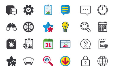 Fototapeta premium Social media icons. Chat speech bubble and world globe symbols. Hipster photo camera sign. Photo frames. Chat, Report and Calendar signs. Stars, Statistics and Download icons. Vector