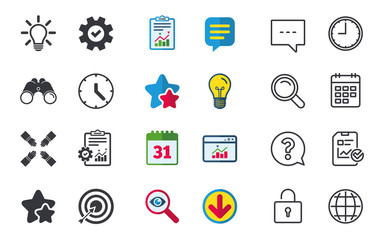 Lamp idea and clock time icons. Target aim sign. Darts board with arrow. Teamwork symbol. Chat, Report and Calendar signs. Stars, Statistics and Download icons. Question, Clock and Globe. Vector